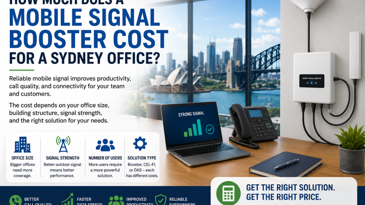 Technician installing a mobile signal booster in a Sydney office to improve indoor mobile reception.