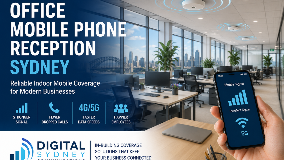 Engineers improving mobile phone reception in a modern Sydney office with indoor antenna systems.