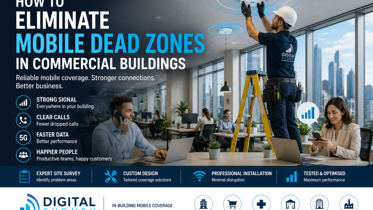 Engineers installing an indoor mobile coverage system to eliminate mobile dead zones in a Sydney commercial building.