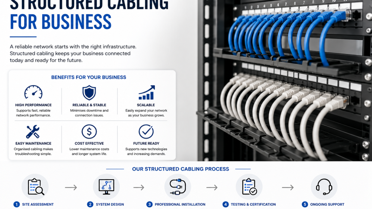 Technician installing structured network cabling in a commercial office communications rack