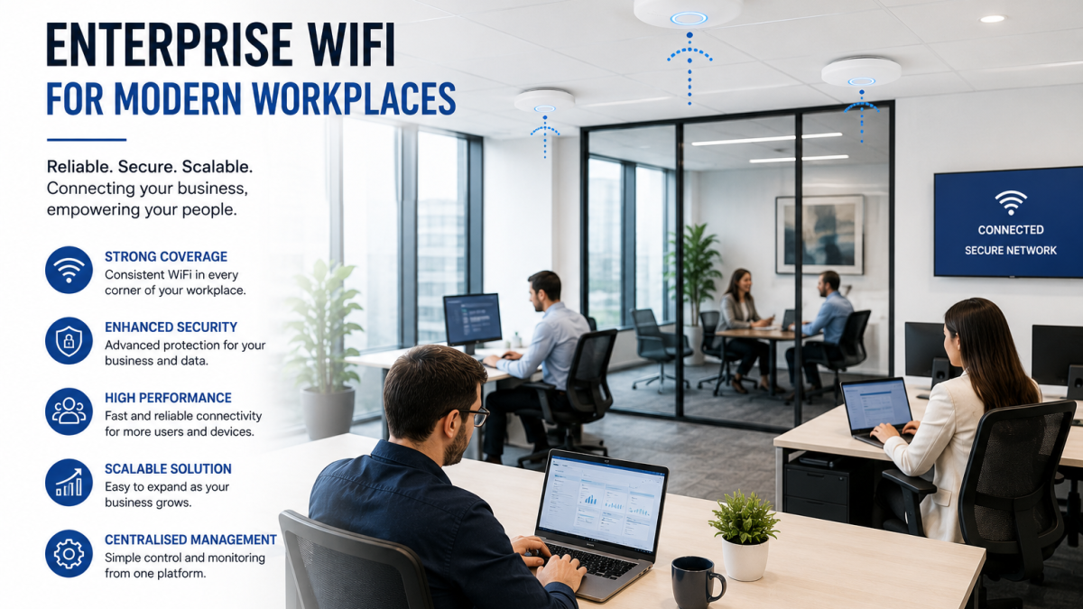 Enterprise WiFi access points providing secure wireless coverage throughout a modern commercial office.