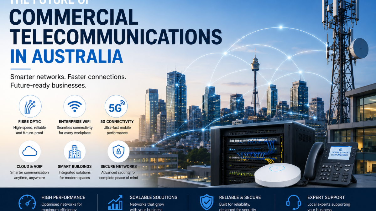 Modern commercial office with fibre optic networking, enterprise WiFi, and advanced telecommunications infrastructure.