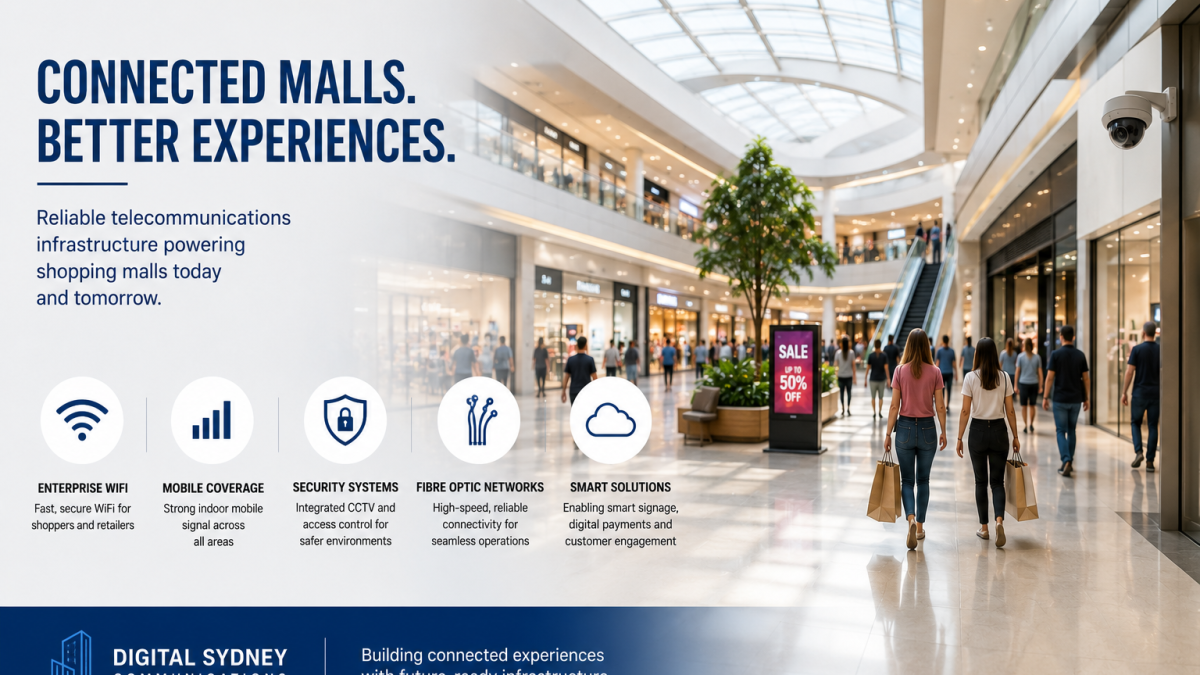 Modern shopping mall with enterprise WiFi, fibre optic connectivity, mobile coverage, and digital technology.