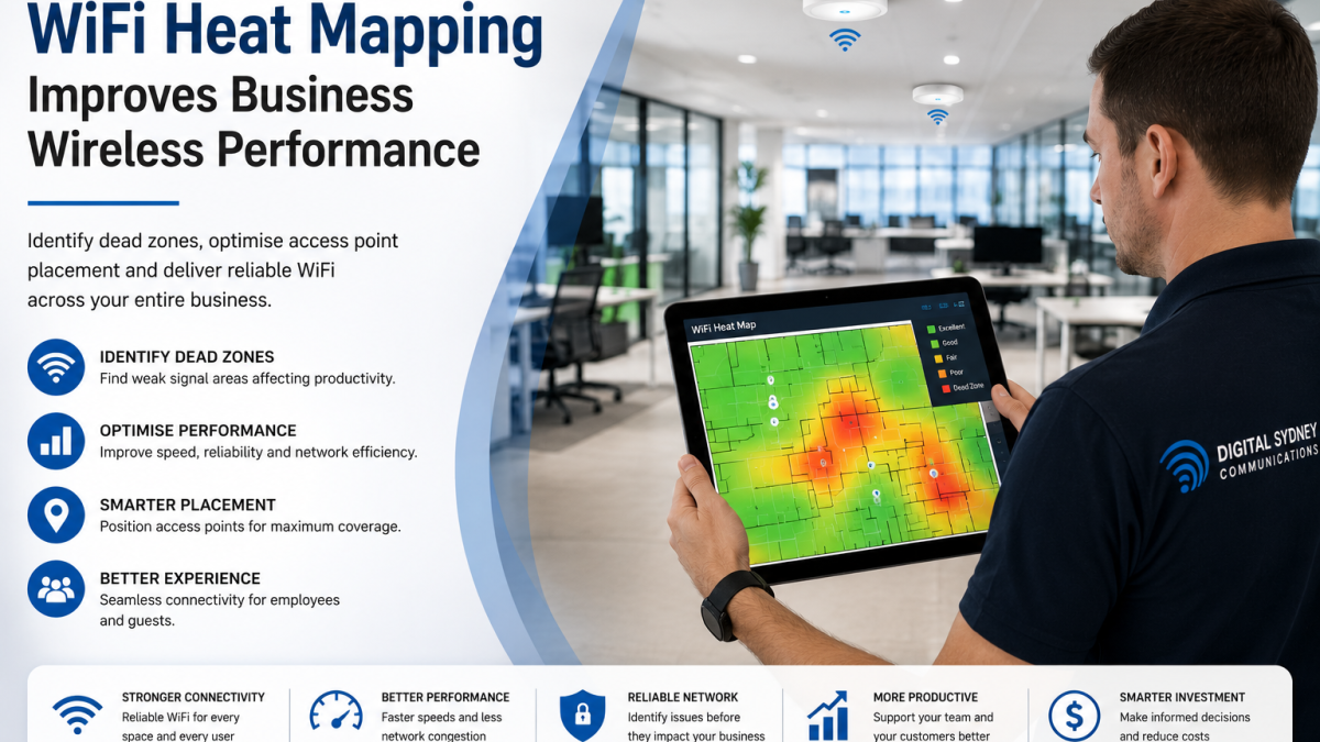 Technician performing a WiFi heat mapping survey in a modern office to optimise wireless network coverage.