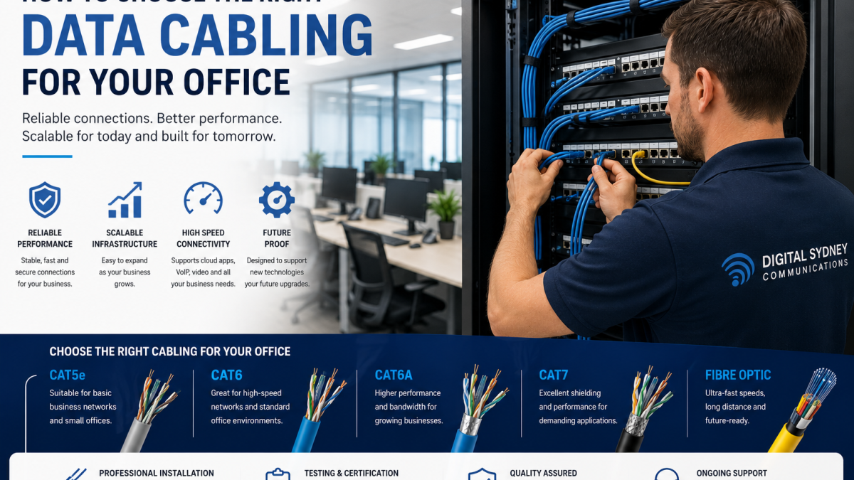 Professional technician installing structured data cabling in a modern office network cabinet.