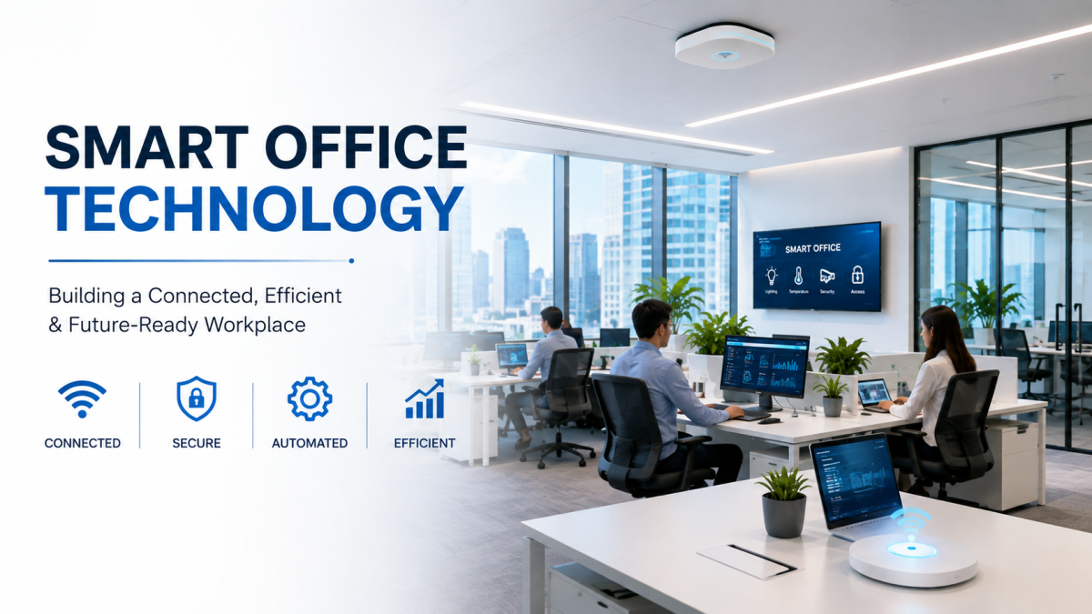 Modern smart office with enterprise WiFi, connected devices, automated lighting, and collaborative workspaces.