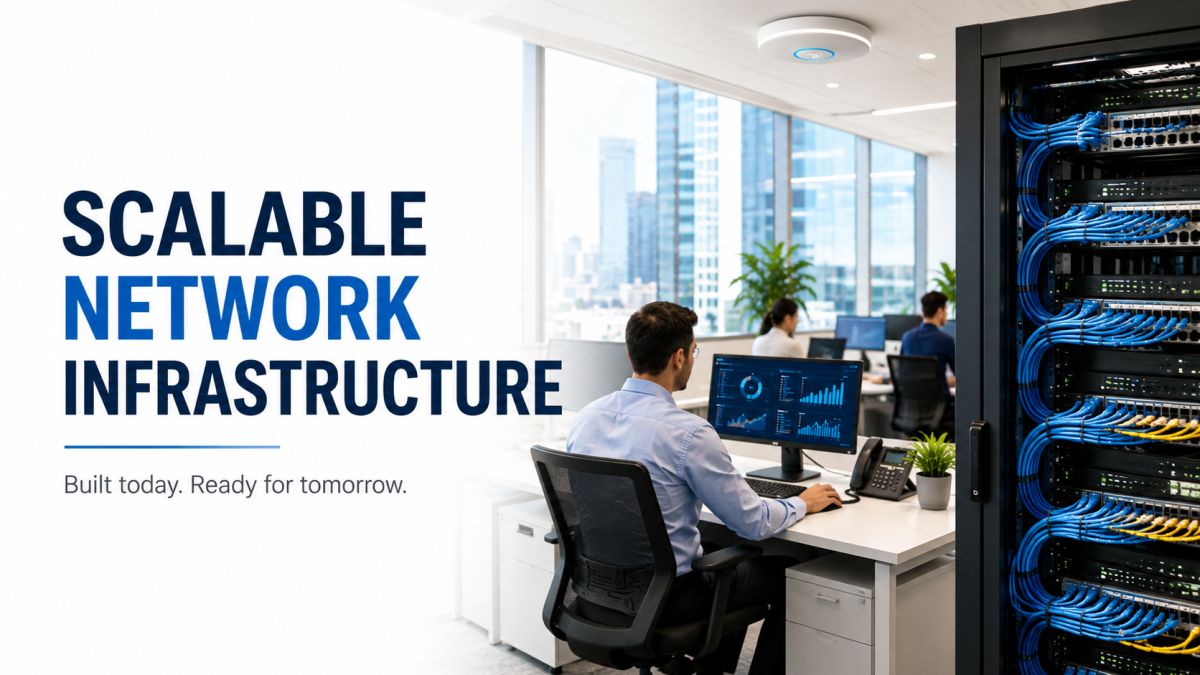 Modern business network infrastructure with enterprise WiFi, structured cabling, fibre optic connectivity, and cloud networking.